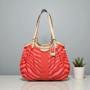Coach Devin Shoulder Bag F24022 Orange Animal Print Canvas Tan Leather Tote